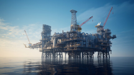 An offshore oil rig's drilling platform, extracting crude oil from beneath the ocean floor - obrazy, fototapety, plakaty