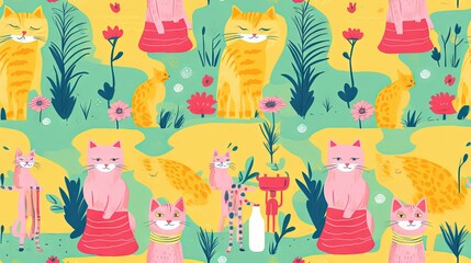  a pattern of cats sitting in a garden with flowers and plants.  generative ai