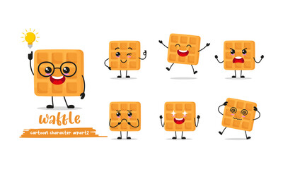 cute waffle cartoon with many expressions. pancake different activity pose vector illustration flat design set. - obrazy, fototapety, plakaty