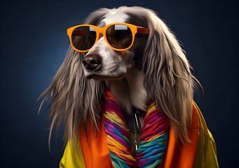 A AfghanHound wearing sunglasses and a colorful jacket