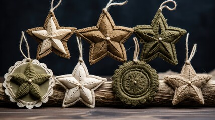 Fototapeta na wymiar small burlap christmas ornaments with lace and ribbon, in the style of symmetrical asymmetry, aykut aydogdu, eye-catching, combining natural and man-made elements, festive atmosphere.