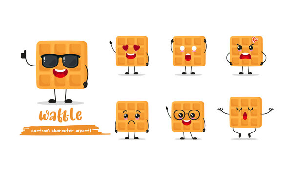 cute waffle cartoon with many expressions. pancake different activity pose vector illustration flat design set with sunglasses.