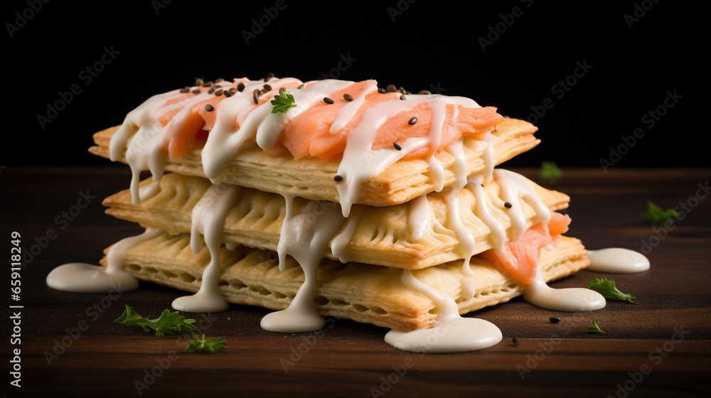 Poster a stack of waffles covered in cream and salmon. generative ai