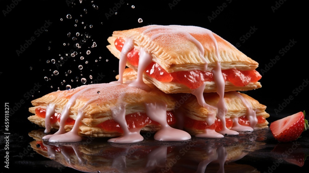 Poster a stack of strawberry pastries with icing on them. generative ai