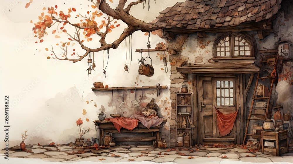 Poster a painting of a house with a tree in the background. generative ai