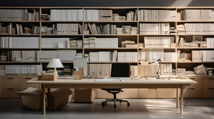 An office with a large desk a few filing cabinets and a bookshelf filled with books