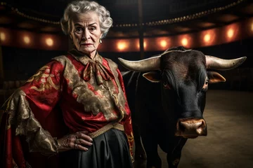 Rolgordijnen Bullfighter old woman bull. Matador fight. Generate Ai © juliars
