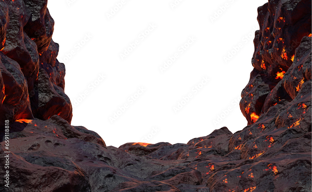Poster frame of lava and magma mountain rock with isolated on transparent background - png file, 3d renderi