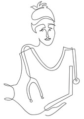 One line drawing of healthcare and telemedicine.
One continuous line drawing of happy female medical worker.
