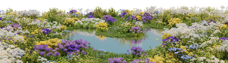 Field of colorful flowers on the lake, Flowres on the garden in springtime with isolated on transparent background - PNG file, 3D rendering illustration - obrazy, fototapety, plakaty