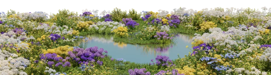 Foto op Canvas Field of colorful flowers on the lake, Flowres on the garden in springtime with isolated on transparent background - PNG file, 3D rendering illustration © EcoSpace
