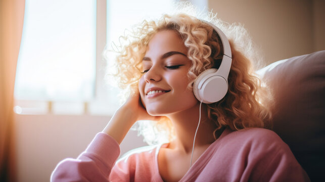 Woman wearing headphones listening to music at home. AI	