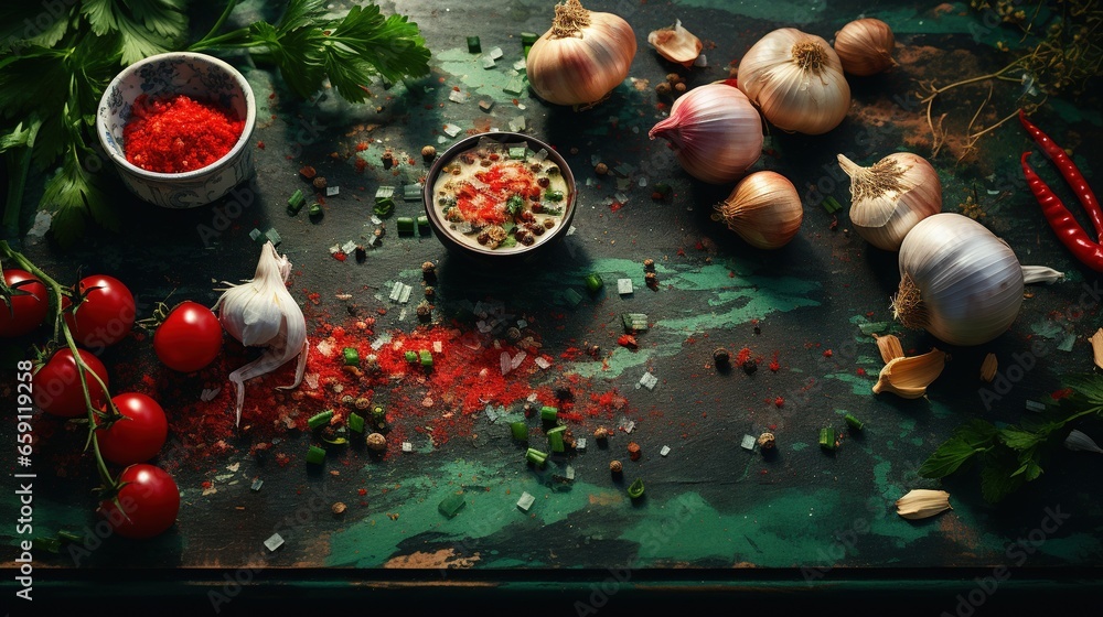Poster a table topped with lots of different types of vegetables and spices. generative ai