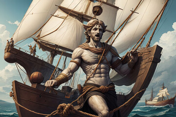 ulysses hero tied to the ship with ropes and the singing siren, greek mytology scene cartoon illustration the singing siren greek mythology tale - obrazy, fototapety, plakaty