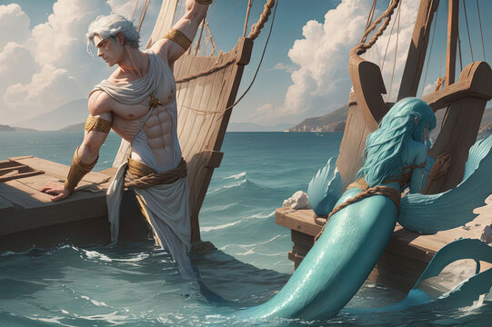 ulysses hero tied to the ship with ropes and the singing siren, greek mytology scene cartoon illustration the singing siren greek mythology tale