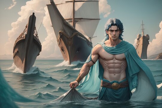 ulysses hero tied to the ship with ropes and the singing siren, greek mytology scene cartoon illustration the singing siren greek mythology tale