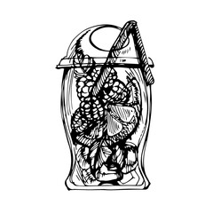 Graphic, linear drawing of a plastic glass with a cocktail. A soft drink. Cocktail with ice, iced tea. Fruit juice. Black-white glass with a straw. Transparent plastic cocktail glass.tumbler with cock