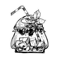Graphic, linear drawing of a plastic glass with a cocktail. A soft drink. Cocktail with ice, iced tea. Fruit juice. Black-white glass with a straw. Transparent plastic cocktail glass.tumbler with cock