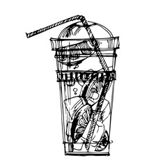 Graphic, linear drawing of a plastic glass with a cocktail. A soft drink. Cocktail with ice, iced tea. Fruit juice. Black-white glass with a straw. Transparent plastic cocktail glass.tumbler with cock