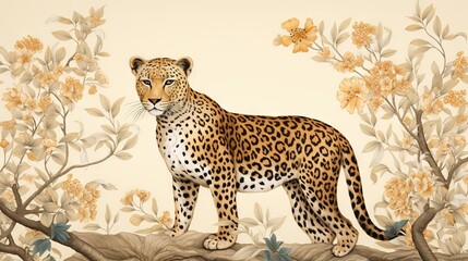  a painting of a leopard standing on a branch with flowers.  generative ai