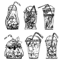 Graphic, linear drawing of a plastic glass with a cocktail. A soft drink. Cocktail with ice, iced tea. Fruit juice. Black-white glass with a straw. Transparent plastic cocktail glass.tumbler with cock