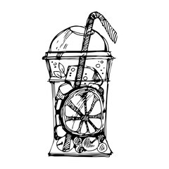 Graphic, linear drawing of a plastic glass with a cocktail. A soft drink. Cocktail with ice, iced tea. Fruit juice. Black-white glass with a straw. Transparent plastic cocktail glass.tumbler with cock