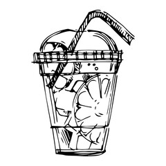 Graphic, linear drawing of a plastic glass with a cocktail. A soft drink. Cocktail with ice, iced tea. Fruit juice. Black-white glass with a straw. Transparent plastic cocktail glass.tumbler with cock