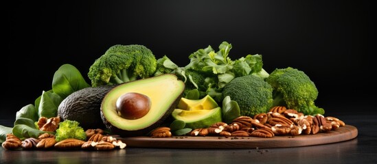 Vegan foods like flax spinach broccoli nuts and avocado are healthy fat sources - obrazy, fototapety, plakaty