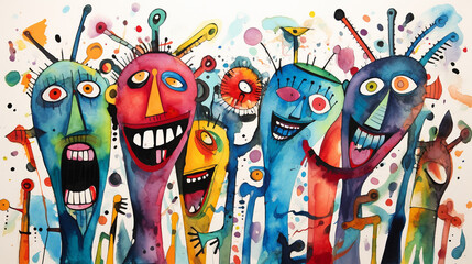 The weird people, abstract watercolor painting representing psychosis, mental illness, schizophrenia