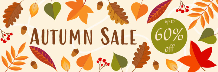 Autumn Sale up to 60% off - Schriftzug in englischer Sprache - Herbstschlussverkauf bis zu 60% Rabatt. Herbstliches Verkaufsbanner mit bunten Blättern, Eicheln und Beeren.
