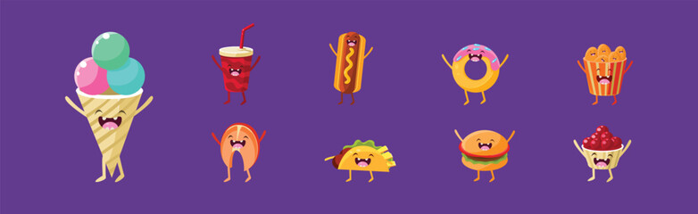 Funny Fast Food Character with Happy Smiling Faces Vector Set