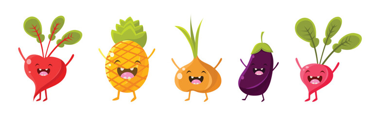 Funny Fruits and Vegetables with Happy Smiling Face Vector Set