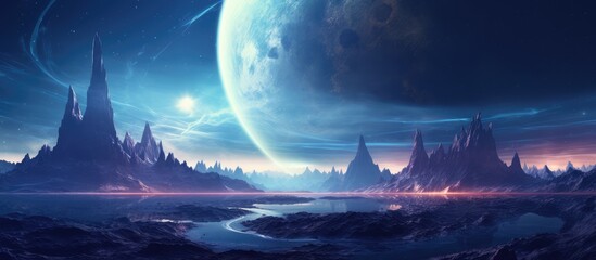 Illustration of a cold futuristic sci fi landscape with neon lights