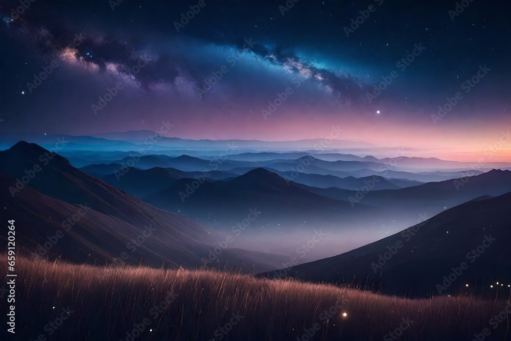 Poster a celestial dreamscape with a pastel palette. start with a background that transitions from light to