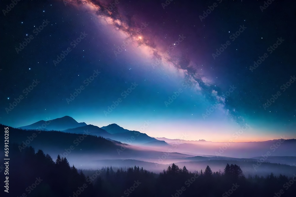 Poster a celestial dreamscape with a pastel palette. start with a background that transitions from light to