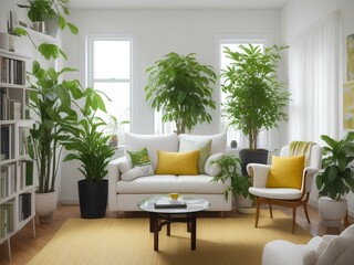 A cozy yellow armchair sits against a large window, adorned with a plush pillow for added comfort. adding a touch of nature to this modern Scandinavian living room