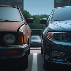 Old car vs. new car. Comparison