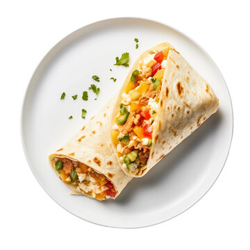 Breakfast Burrito on a White Plate on Transparent Background.
