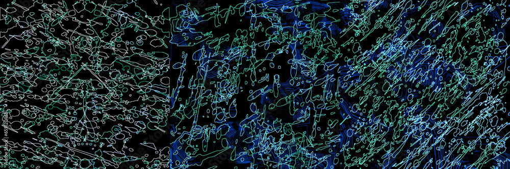 Poster abstract layered shapes are drawn with contour lines on a black background. set of abstract textures