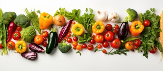 Top view of organic vegetables on white background copy space available