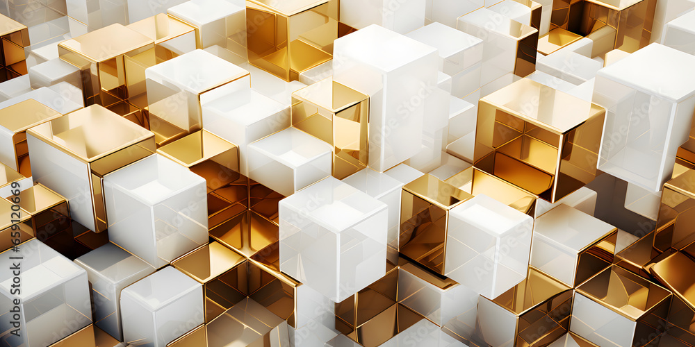 Wall mural a gold and white cube pattern. the gold cubes are shiny and the white cubes are plain. the pattern i