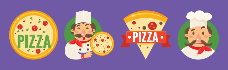 Italian Pizza Round Baked Pastry with Topping and Man Chef Vector Set