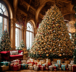 Cenário Festivo Central: Uma Árvore de Natal Gigante na Sala