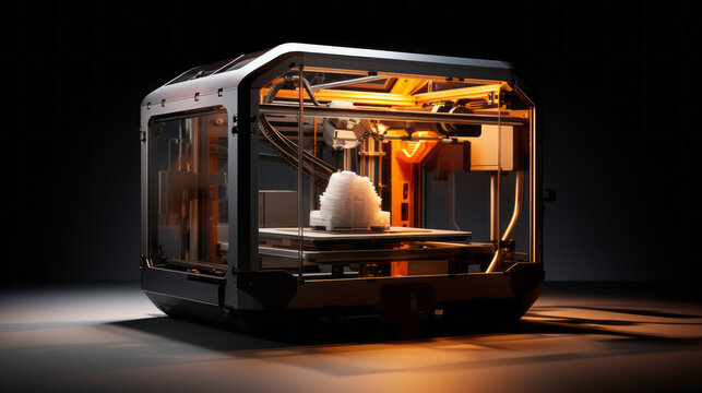 An industrial 3D printer creating intricate prototypes with layers of plastic material