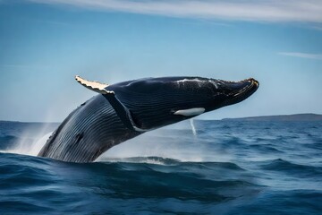 A majestic humpback whale breaching the surface of the water - AI Generative - obrazy, fototapety, plakaty