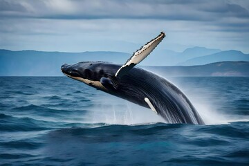 A majestic humpback whale breaching the surface of the water - AI Generative - obrazy, fototapety, plakaty
