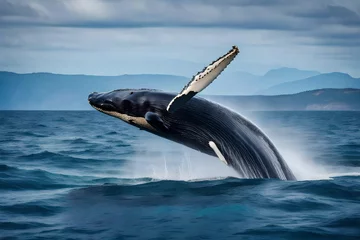Foto op Plexiglas A majestic humpback whale breaching the surface of the water - AI Generative © Being Imaginative