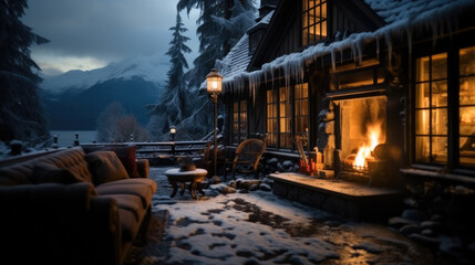 Fototapeta premium A cozy cabin with a fireplace in a snowy forest.
