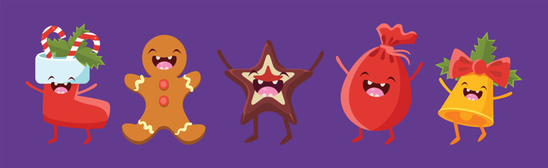 Christmas Festive Elements with Funny Smiling Face Vector Set