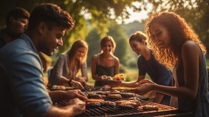 A group of friends making barbecue sandwiches at a picnic. - Powered by Adobe